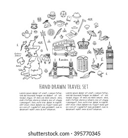 Hand drawn doodle United Kingdom set Vector illustration UK icons  Welcome to London elements British symbols collection Tea Bus Horse riding Golf Crown Beer Lion Bulldog London bridge Big Ben Tower