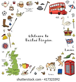 Hand drawn doodle United Kingdom set Vector illustration UK icons  Welcome to London elements British symbols collection Tea Bus Horse riding Golf Crown Beer Lion Bulldog London bridge Big Ben Tower