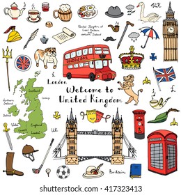 Doodle dibujado a mano Reino Unido set Vector ilustración iconos Reino Unido Bienvenidos a los elementos de Londres símbolos británicos colección Tea Bus Caballo de Tea montar a caballo Golf Corona Cerveza león Bulldog Londres puente Big Ben Tower