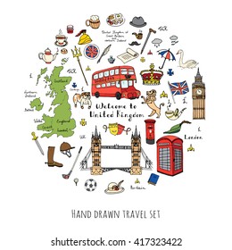 Hand drawn doodle United Kingdom set Vector illustration UK icons  Welcome to London elements British symbols collection Tea Bus Horse riding Golf Crown Beer Lion Bulldog London bridge Big Ben Tower