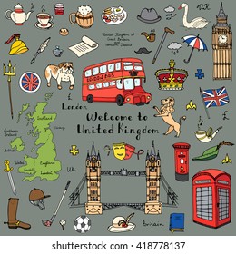 Hand drawn doodle United Kingdom set Vector illustration UK icons  Welcome to London elements British symbols collection Tea Bus Horse riding Golf Crown Beer Lion Bulldog London bridge Big Ben Tower