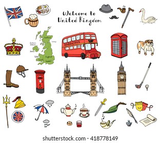 Hand drawn doodle United Kingdom set Vector illustration UK icons  Welcome to London elements British symbols collection Tea Bus Horse riding Golf Crown Beer Lion Bulldog London bridge Big Ben Tower