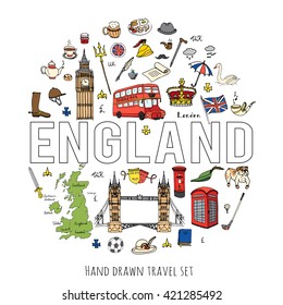 Hand drawn doodle United Kingdom set Vector illustration UK icons  Welcome to London elements British symbols collection Tea Bus Horse riding Golf Crown Beer Lion Bulldog London bridge Big Ben Tower