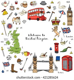 Hand drawn doodle United Kingdom set Vector illustration UK icons  Welcome to London elements British symbols collection Tea Bus Horse riding Golf Crown Beer Lion Bulldog London bridge Big Ben Tower