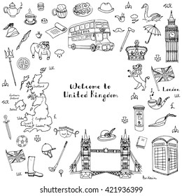 Hand drawn doodle United Kingdom set Vector illustration UK icons  Welcome to London elements British symbols collection Tea Bus Horse riding Golf Crown Beer Lion Bulldog London bridge Big Ben Tower