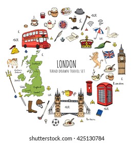 Hand drawn doodle United Kingdom set Vector illustration UK icons  Welcome to London elements British symbols collection Tea Bus Horse riding Golf Crown Beer Lion Bulldog London bridge Big Ben Tower