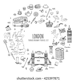 Hand drawn doodle United Kingdom set Vector illustration UK icons  Welcome to London elements British symbols collection Tea Bus Horse riding Golf Crown Beer Lion Bulldog London bridge Big Ben Tower