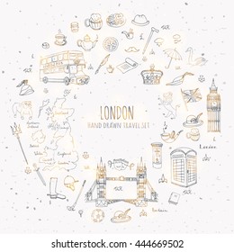 Hand drawn doodle United Kingdom set Vector illustration UK icons  Welcome to London elements British symbols collection Tea Bus Horse riding Golf Crown Beer Lion Bulldog London bridge Big Ben Tower