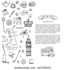 Hand drawn doodle United Kingdom set Vector illustration UK icons  Welcome to London elements British symbols collection Tea Bus Horse riding Golf Crown Beer Lion Bulldog London bridge Big Ben Tower