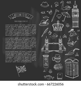 Hand drawn doodle United Kingdom set Vector illustration UK icons  Welcome to London elements British symbols collection Tea Bus Horse riding Golf Crown Beer Lion Bulldog London bridge Big Ben Tower