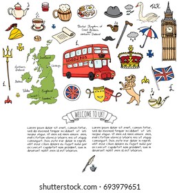 Hand drawn doodle United Kingdom set Vector illustration UK icons  Welcome to London elements British symbols collection Tea Bus Horse riding Golf Crown Beer Lion Bulldog Flag Britannia Pound sterling