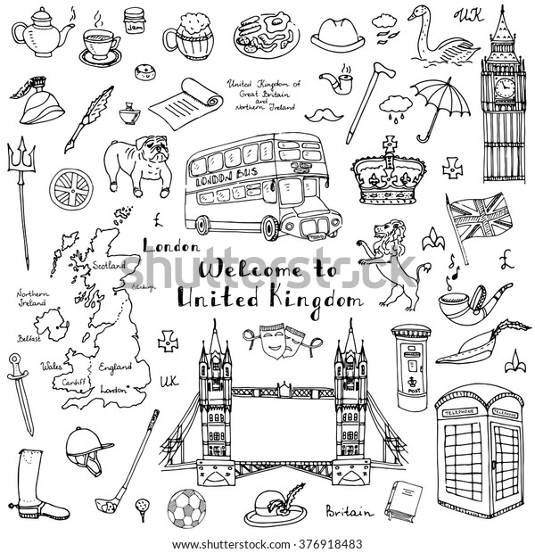 Hand Drawn Doodle United Kingdom Set Stock Vector (Royalty Free) 376918483