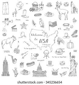 Hand drawn doodle USA set Vector illustration Sketchy american icons United States of America elements Flag Statue of Liberty Eagle Fast food Corn Skyscraper Deer Bison Cowboy hat boot Native American