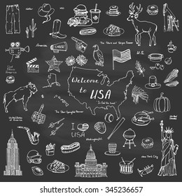 Hand drawn doodle USA set Vector illustration Sketchy american icons United States of America elements Flag Statue of Liberty Eagle Fast food Corn Skyscraper Deer Bison Cowboy hat boot Native American