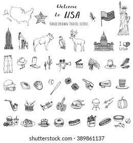 Hand drawn doodle USA set Vector illustration Sketchy american icons United States of America elements Flag Statue of Liberty Eagle Fast food Corn Skyscraper Deer Bison Cowboy hat boot Native American