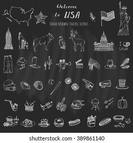 Hand drawn doodle USA set Vector illustration Sketchy american icons United States of America elements Flag Statue of Liberty Eagle Fast food Corn Skyscraper Deer Bison Cowboy hat boot Native American