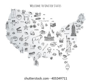 Hand drawn doodle USA set Vector illustration Sketchy american icons United States of America elements Flag Statue of Liberty Eagle Fast food Corn Skyscraper Deer Bison Cowboy hat boot Native American