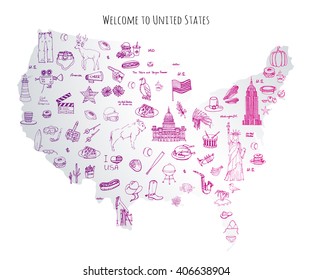 Hand drawn doodle USA set Vector illustration Sketchy american icons United States of America elements Flag Statue of Liberty Eagle Fast food Corn Skyscraper Deer Bison Cowboy hat boot Native American