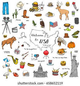 Hand drawn doodle USA set Vector illustration Sketchy american icons United States of America elements Flag Statue of Liberty Eagle Fast food Corn Skyscraper Deer Bison Cowboy hat boot Native American