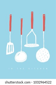 Hand drawn doodle utensils set. Vector kitchen tools elements. Potato masher, ladle, spatula, skimmer