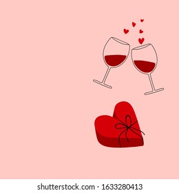 Hand drawn doodle Valentine greeting card red chocolate candy box tied with ribbon two wine glasses flying hearts on pink background. Vector illustration in cute retro style