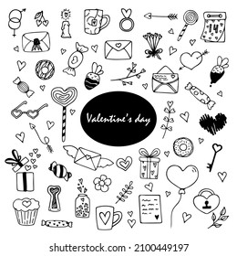 Hand drawn doodle Valentine's day cute set. Vector love cliparts. Outline. 