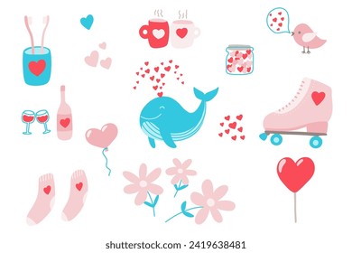 Hand drawn doodle Valentine's Day set elements. Rollers, whale, wine, cups, heart, socks, bird, toothbrushes in cartoon style. Stock vector romantic illustration isolated on a white background.