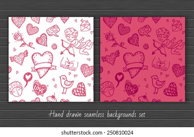 Hand drawn doodle Valentine`s day seamless pattern set.