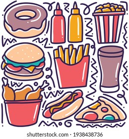 hand drawn doodle various fast food with icons and design elements