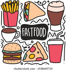 hand drawn doodle various fast food with icons and design elements