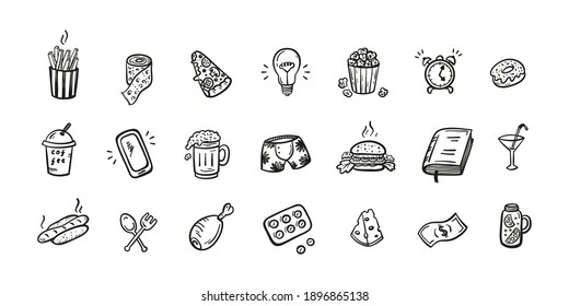 Hand Drawn Doodle Various Household Items and Fast Food Icons.  Hangover and Mess After Party Concept. Lifestyle Stuff Signs.