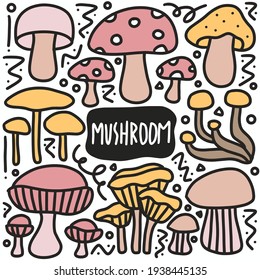 hand drawn doodle various mushrooms with icons and design elements