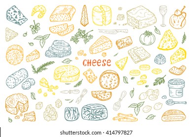 Hand Drawn Doodle various types of cheese: roquefort, parmesan, goat cheese, mozzarella, smoked gouda, blue cheese. Vector Set. 