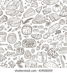 Hand Drawn Doodle various types of cheese: roquefort, parmesan, goat cheese, mozzarella, smoked gouda, blue cheese. Vector Seamless pattern. 