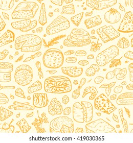 Hand Drawn Doodle various types of cheese: roquefort, parmesan, goat cheese, mozzarella, smoked gouda, blue cheese. Vector Seamless pattern. 