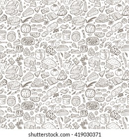 Hand Drawn Doodle various types of cheese: roquefort, parmesan, goat cheese, mozzarella, smoked gouda, blue cheese. Vector Seamless pattern. 