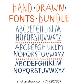 Hand drawn doodle vector ABC letters bundle. Three different sets you can combine. Beautiful fonts for your design.
