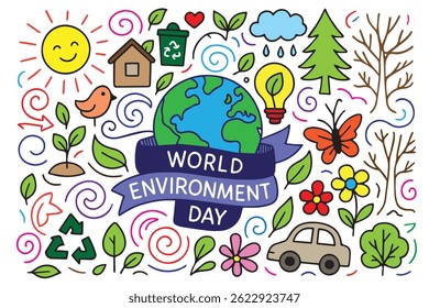 A hand drawn doodle vector background for World Environment Day with eco symbols, clean earth, climate awareness icons, and nature in peaceful harmony.