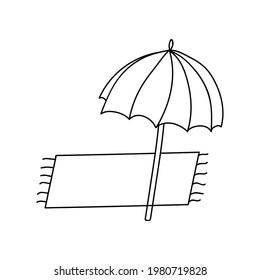 Hand drawn doodle vector beach lounger by the the sea with umbrella. Horizontal view. Wooden sunbed icon isolated on white background. Seaside pool rest chair. Summer holiday vector illustration