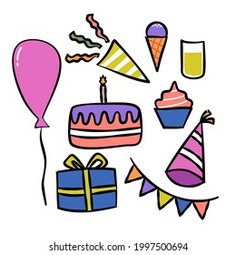 Handgezeichnete Doodle-Vektorgrafik-Geburtstagsset