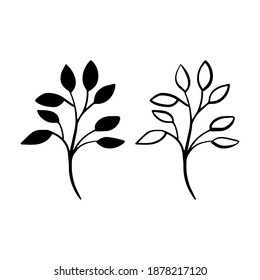 Hand drawn doodle vector branches for posters, greeting cards, web, clothes, wrapping paper. Floral outline and silhouette elements isolated on white background.