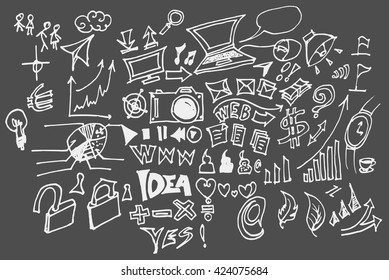 Hand drawn doodle vector business icon set on Chalkboard