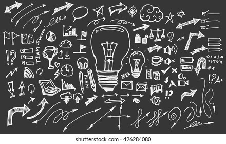 Hand drawn doodle vector business icon set on Chalkboard