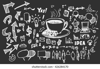 Hand drawn doodle vector business icon set on Chalkboard