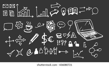Hand drawn doodle vector business icon set on Chalkboard