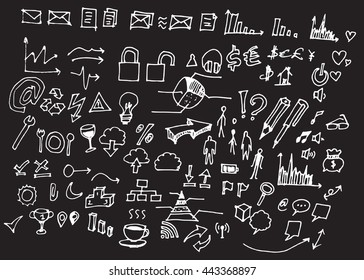 Hand drawn doodle vector business icon set on Chalkboard