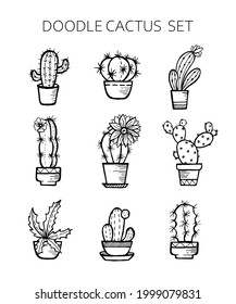 Hand drawn doodle vector cactus set isolated on white background. Cute home plants.