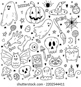 Premium Vector  Doodle black and white halloween set for cute design hand  draw funny cartoon elements for party