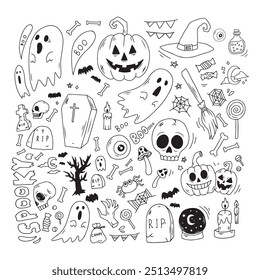 Hand drawn doodle vector cartoon set of Halloween objects and symbols. Sketch of ghost, pumpkin, bone, poison, skull, candle, bat, grave