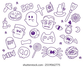 Dibujado a mano doodle Vector de dibujos animados conjunto de objetos y símbolos de Halloween fantasma, calabaza, murciélago, bruja, cráneo, gato negro, momia, tumba y dulces.